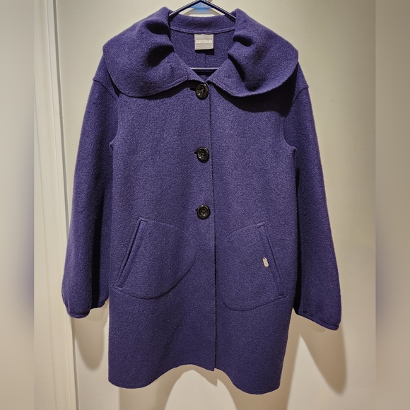 GEIGER Boiled Wool Coat Made in AUSTRIA Button Front Pockets Size 36 DEEP PURPLE - Picture 1 of 7